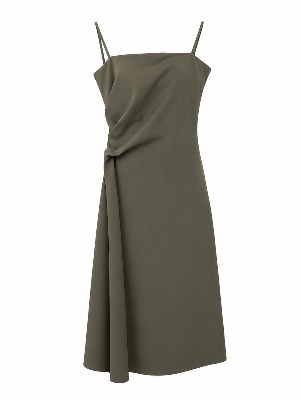 Zara Olive Green Draped Slip Midi Dress with Side Tie